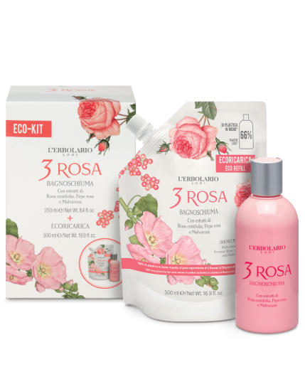 L'Erbolario 3 Rosa Eco Kit Bagnoschiuma Confezione 250 Ml + Ricarica Confezione 500 Ml