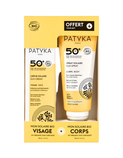 Patyka Cofanetto Solari Spf50+, Crema Solare Viso spf50+ 40 ml + Spray Solare Corpo Spf50+ 100 ml Omaggio