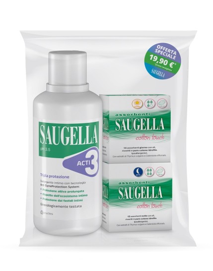 Saugella Acti3 500ml + Assorbenti Giorno 14 Pezzi+ Assorbenti Notte 12 pezzi