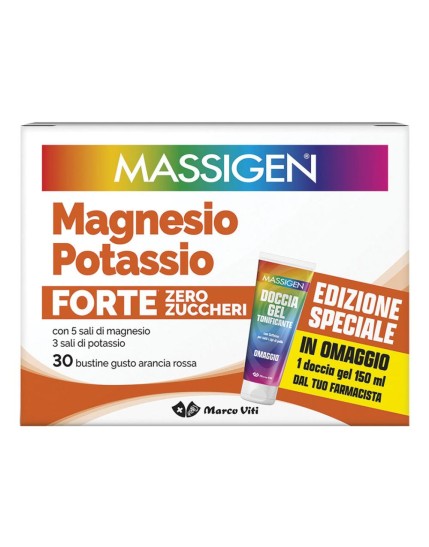 Massigen Magnesio e Potassio Forte Zero Zuccheri 30 Bustine + Doccia Gel 150ml Omaggio Massigen Magnesio e Potassio Forte Zero Zuccheri 30 Bustine + Doccia Gel 150ml Omaggio